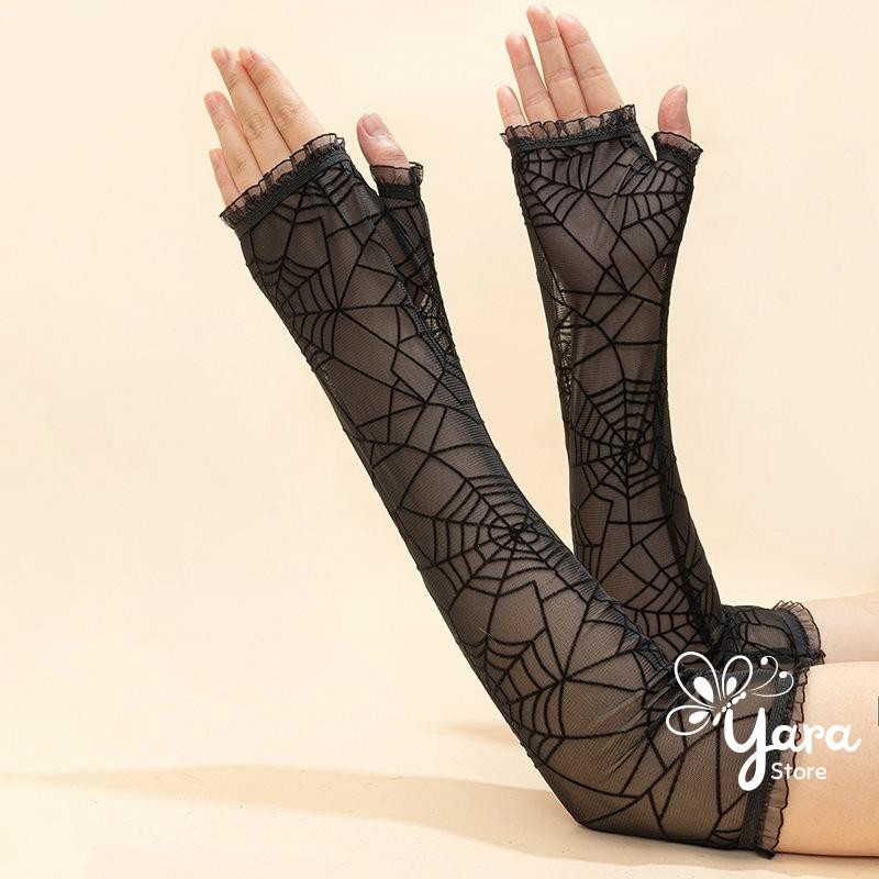 Găng Tay Họa Tiết Mạng Nhện Hở Ngón Cosplay Halloween Phong Cách Y2k - Yara Store