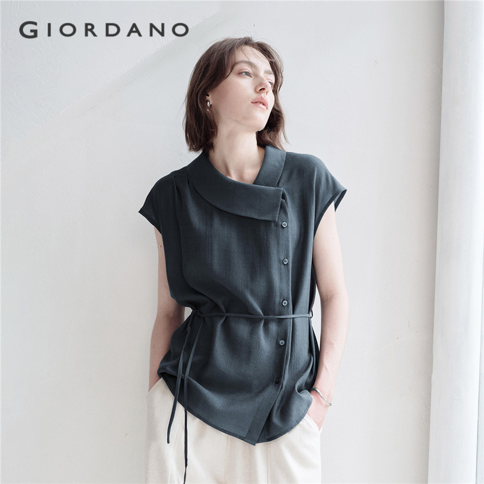 GIORDANO WOMEN Oblique placket tie waist cap sleeve shirt 18345612