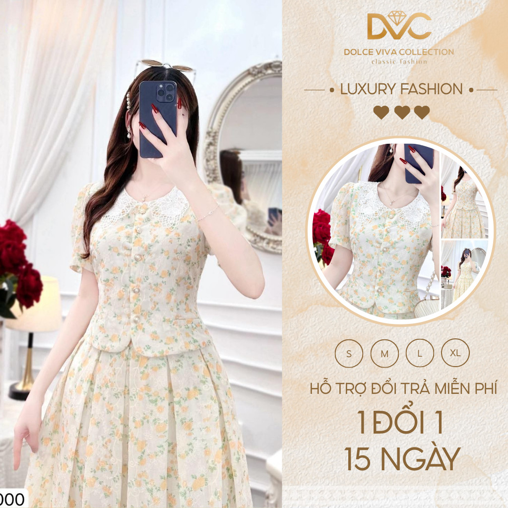 Đầm hoa nhí cổ sen ren tay phồng dáng xòe nhẹ nhàng tiểu thư vintage váy thiết kế nữ DS6000 – DVC ch