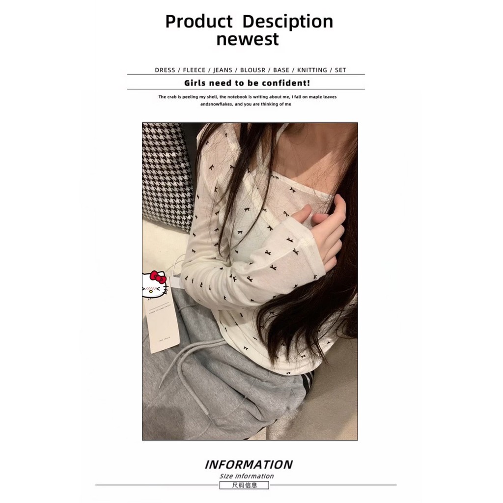 Áo thun dài tay nữ tay ngắn có nơ nhỏ, chất lượng chính hãng, hơi trong suốt, vừa vặn + bộ camisole 