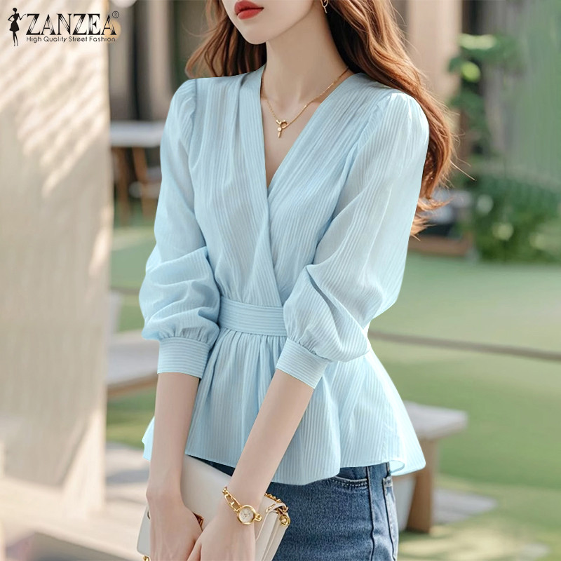 Zanzea Áo sơ mi nữ cổ chữ V thông thường Hàn Quốc có tay áo sọc eo | BigBuy360 - bigbuy360.vn