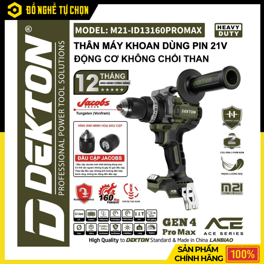 Thân Máy Khoan Pin 21V Dekton M21-ID13160PROMAX – Không Chổi Than – Kickback Control – Hàng Chính Hã
