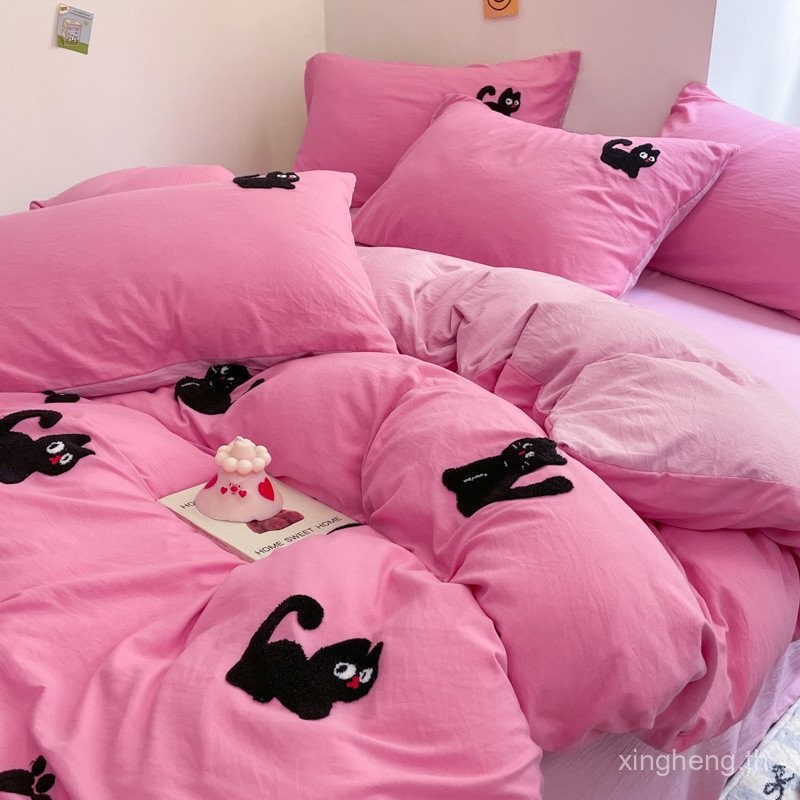 Vui lòng 1 giờ Bộ chăn ga gối thêu mèo Hàn Quốc siêu mềm dễ thương bao gồm tấm + Vỏ chăn 2 miếng Thí