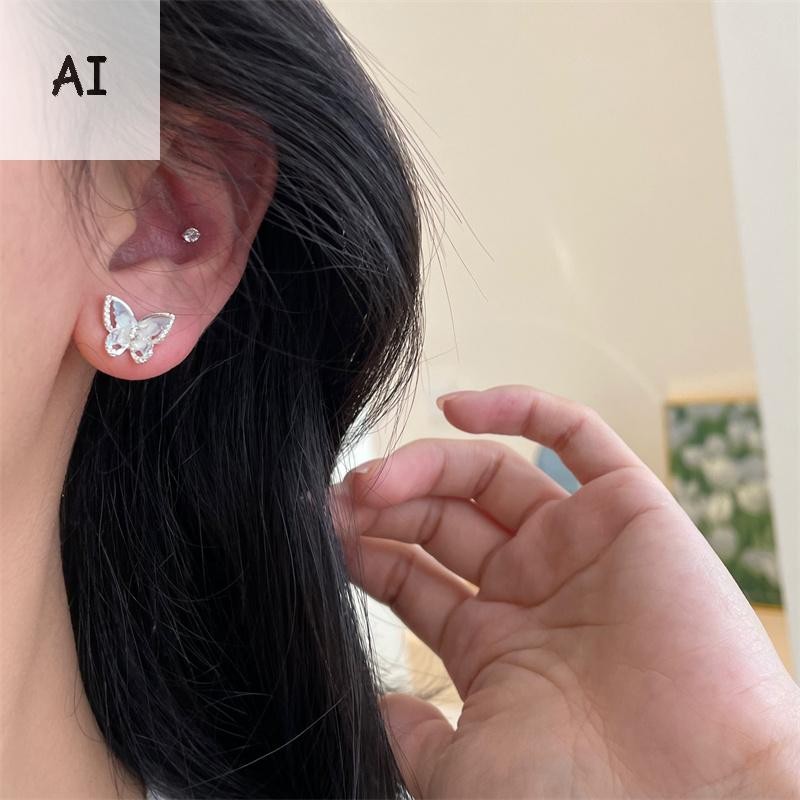 AI Bướm Ngọt Ngào Opal Trái Tim Bông Tai Dành Cho Nữ Cô Gái Tinh Tế Bướm Hình Học Tình Yêu Ngọc Trai