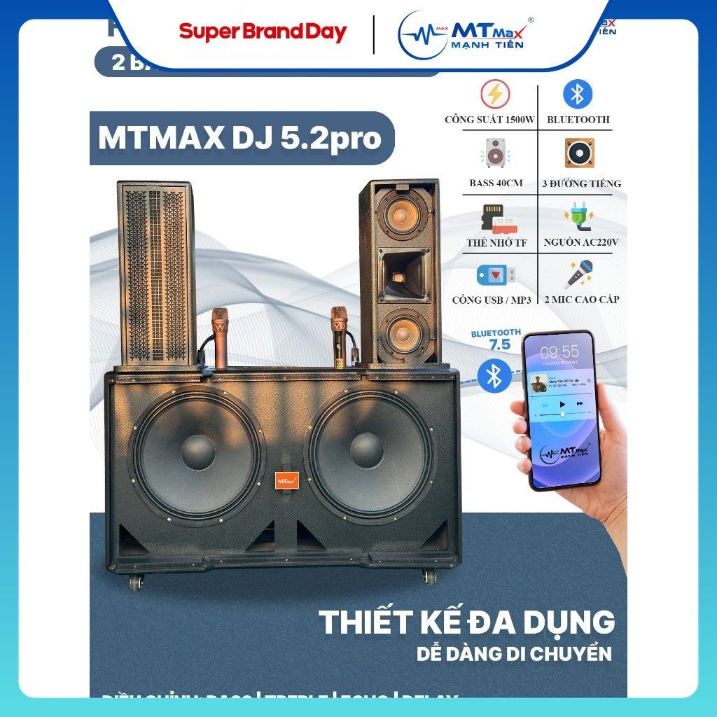 Loa Kéo Karaoke MTMax DJ 5.2 Pro - Công Suất Cực Lớn 1500W, Hệ Thống 8 Loa 3 Đường Tiếng, 2 Bass 40c