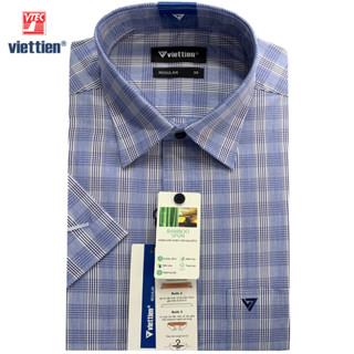 Viettien - Áo sơ mi nam ngắn tay xẻ tà vạt ngang vải sợi tre ca rô form regular fit - 1S6793