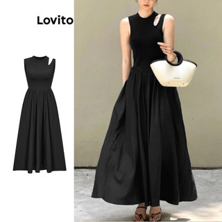 Đầm Lovito cắt xẻ màu trơn thường ngày cho nữ L65ED149 (màu đen)