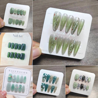 10 Chiếc Màu Xanh Lá Cây Móng Tay Giả Hình Hạnh Nhân Móng Tay Nối Dài Bộ Bấm Vào Móng Tay Mắt Mèo