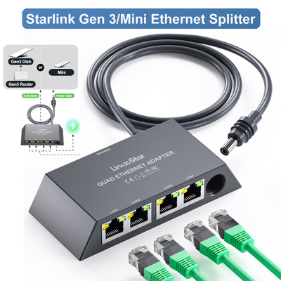 Fonken Starlink Ethernet Adapter Cho Starlink Gen3 / Starlink Mini Ethernet Splitter 4 Cổng RJ45 Mạng LAN Nối Dài