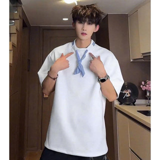 Áo thun nam nữ Ody cổ tròn phối dây sọc xanh dương form rộng