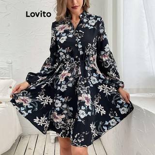 Đầm Lovito cài nút họa tiết hoa phong cách thanh lịch cho nữ LNL55269