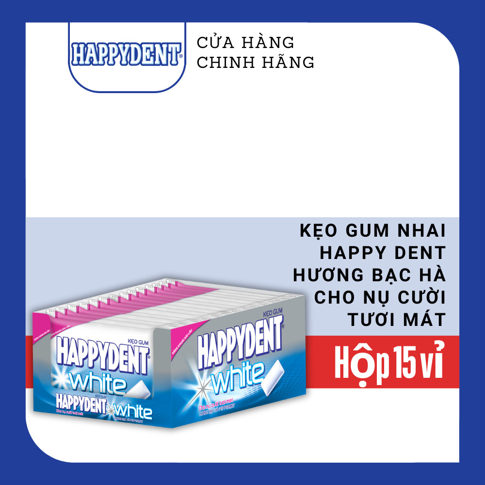 Kẹo cao su (gum) Happy Dent hương Bạc Hà mang đến một nụ cười tươi mới (Hộp 15 vỉ)