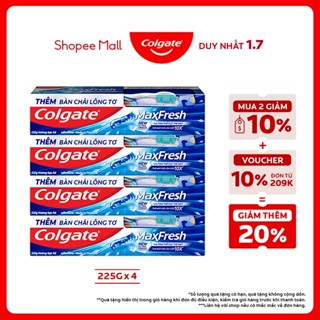 Bộ 4 Kem đánh răng Colgate Maxfresh bạc hà the mát 225g/tuýp tặng bàn chải đánh răng lông mềm