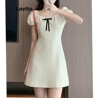 Đầm Lovito họa tiết nơ màu trơn phong cách thường ngày cho nữ LNE61089