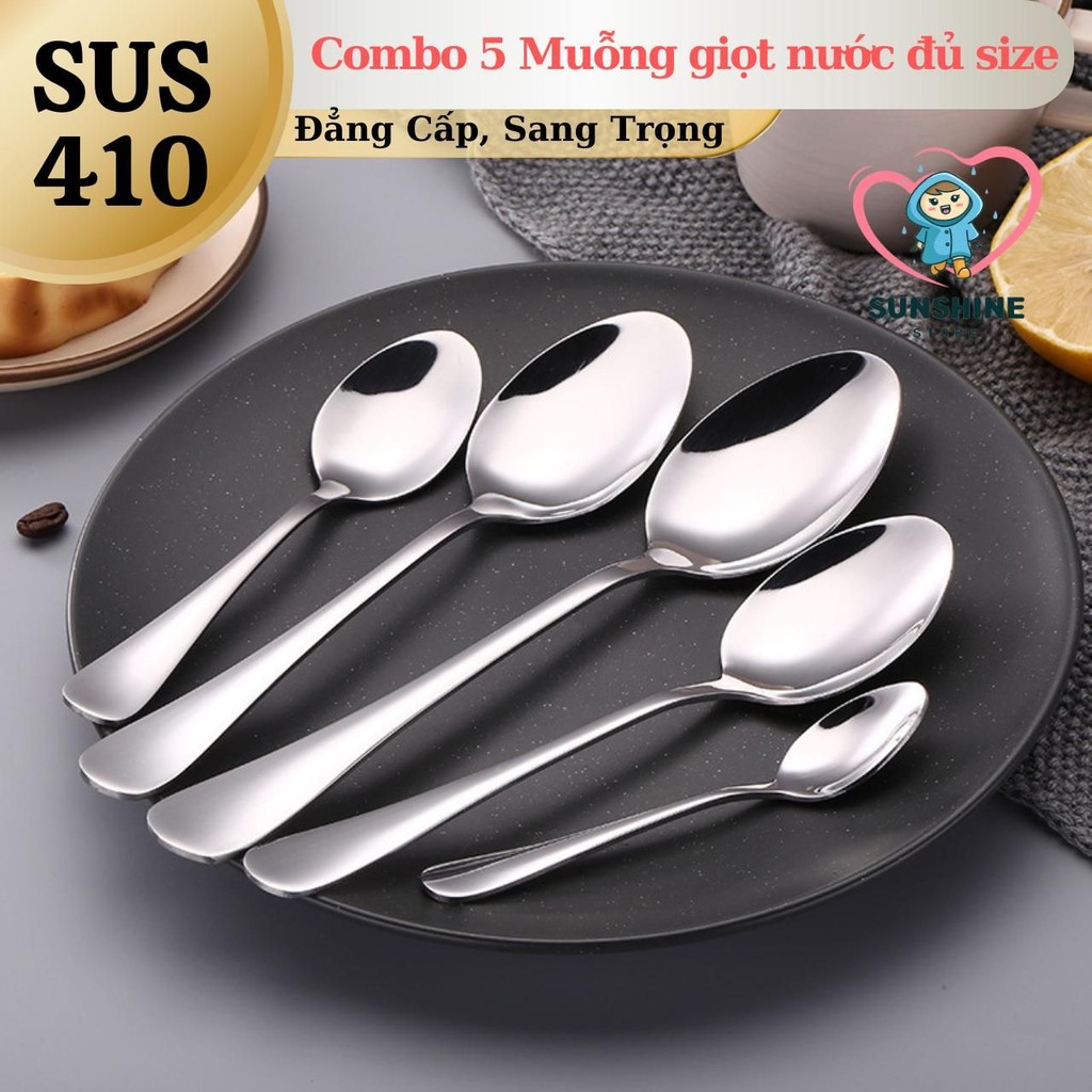 [Chọn Size] Combo 5 Muỗng Giọt Nước Đủ 5 size lựa chọn Inox 410 - Thìa Inox 410 Chất Lượng