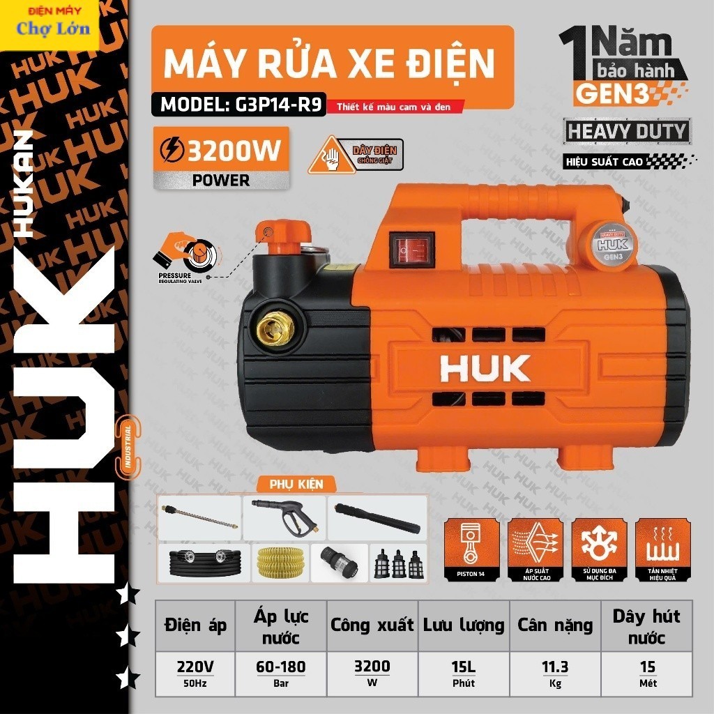 Máy rửa xe chỉnh áp HUKAN G3P14-R9, 3200W, Động cơ không chổi than,  Có ÁT CHỐNG GIẬT Điện máy chợ  