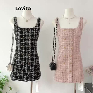 Đầm Lovito họa tiết caro cài nút phía trước phong cách thường ngày cho nữ LNE57186