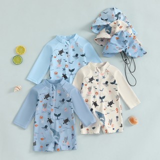 Drx-Kids Bé Trai Dài Tay Đồ Bơi Thường Ngày In Hình Động Vật Hàng Hải Dây Kéo Rash Guard Đồ Bơi Và Mũ Đi Biển Bộ Đồ Tắm