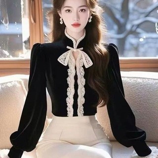 Ren Khâu Áo Sơ Mi Nhung Mùa Nữ Cao Cấp Cảm Giác Mới Phong Cách Trung Hoa Khóa Bên Trong Đáy Áo Sơ Mi Top 25.1.16
