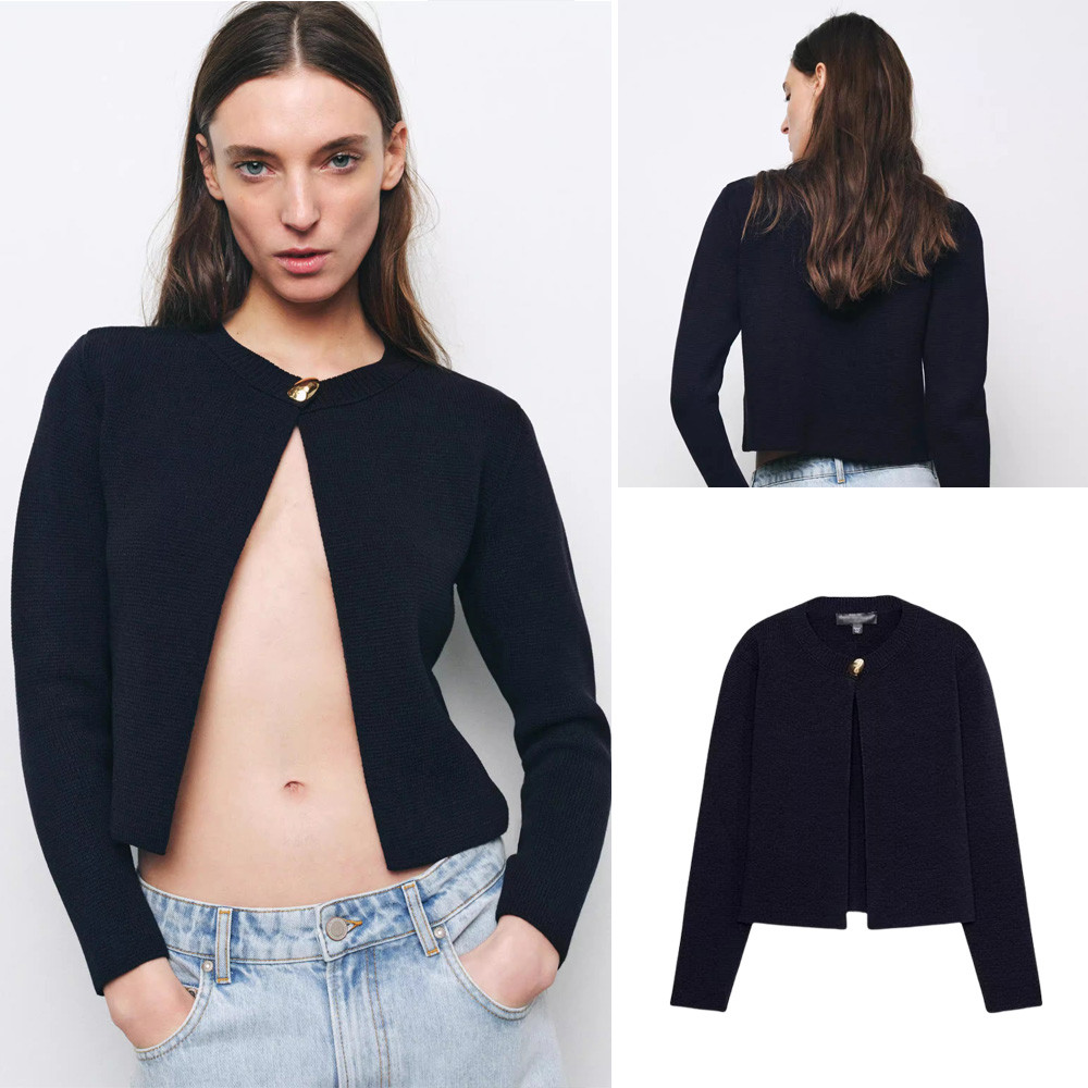 ZARA 2025 Cardigan Thu Đông màu xanh navy nữ, nút kim loại trang trí