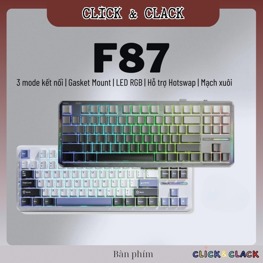 Bàn Phím cơ không dây AULA F87, F87 pro - 3 mode kết nối- LED RGB mạch xuôi có app Macro