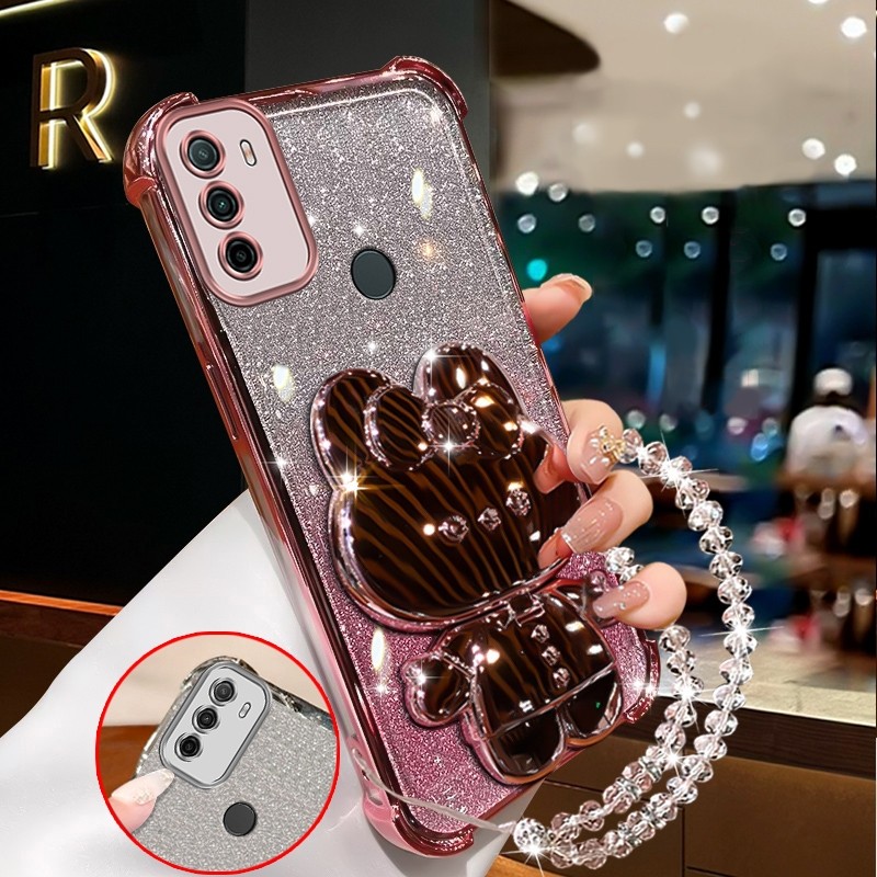 [Chống Sốc] Ốp Lưng Cho OPPO A53 2020 Ốp Điện Thoại Màu Hồng Lấp Lánh Gương Trang Điểm Thỏ Có Giá Đỡ