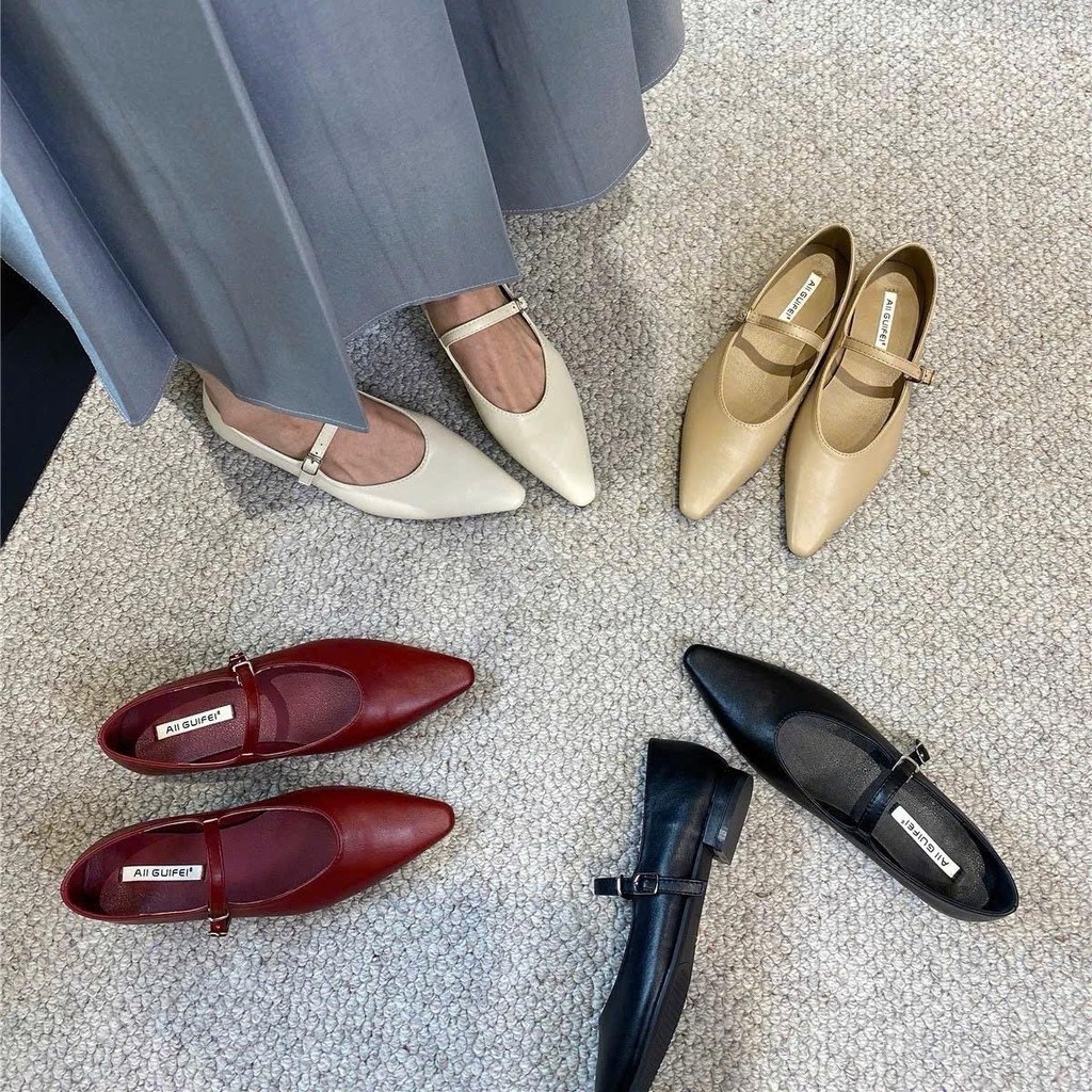 (Hàng sẵn) Giày mũi nhọn chất liệu da lì, quai ngang cài, đế vuông cao 1.5cm AII GUIFEI 1207-1