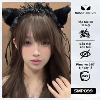 SMP099 - Bờm tai mèo gắn chuông, thiết kế băng đô ren có dây