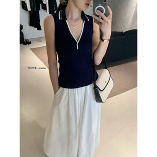 Áo vest không tay nữ thiết kế Hàn Quốc màu sắc tương phản, thời trang mùa hè 2025