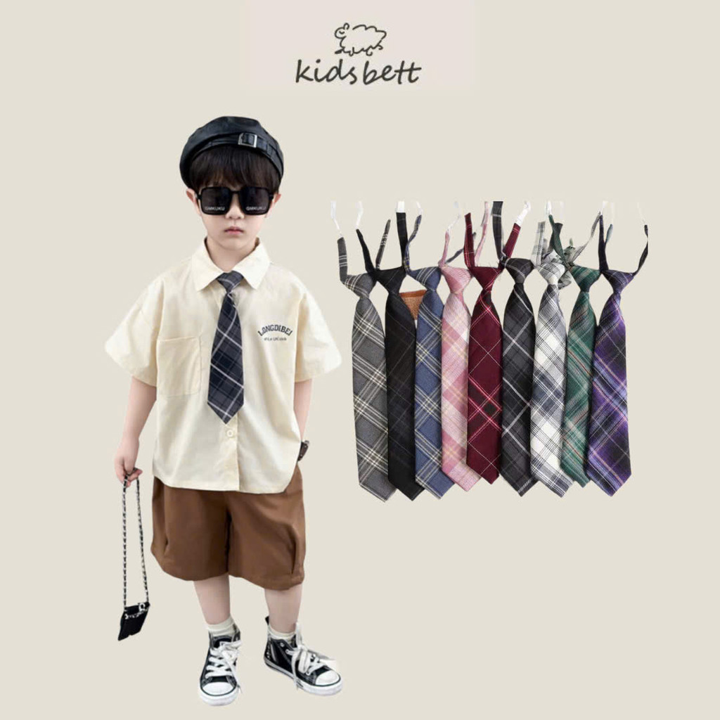 Cà Vạt JK kẻ cho bé - Caravat sọc kẻ thắt sẵn bản nhỏ 7cm điều chỉnh dây buộc cổ Kidsbett