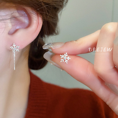 [Drejew] Sợi bông tuyết zircon kim bạc Bông tai tinh tế thời trang Phụ kiện thiết kế đơn giản