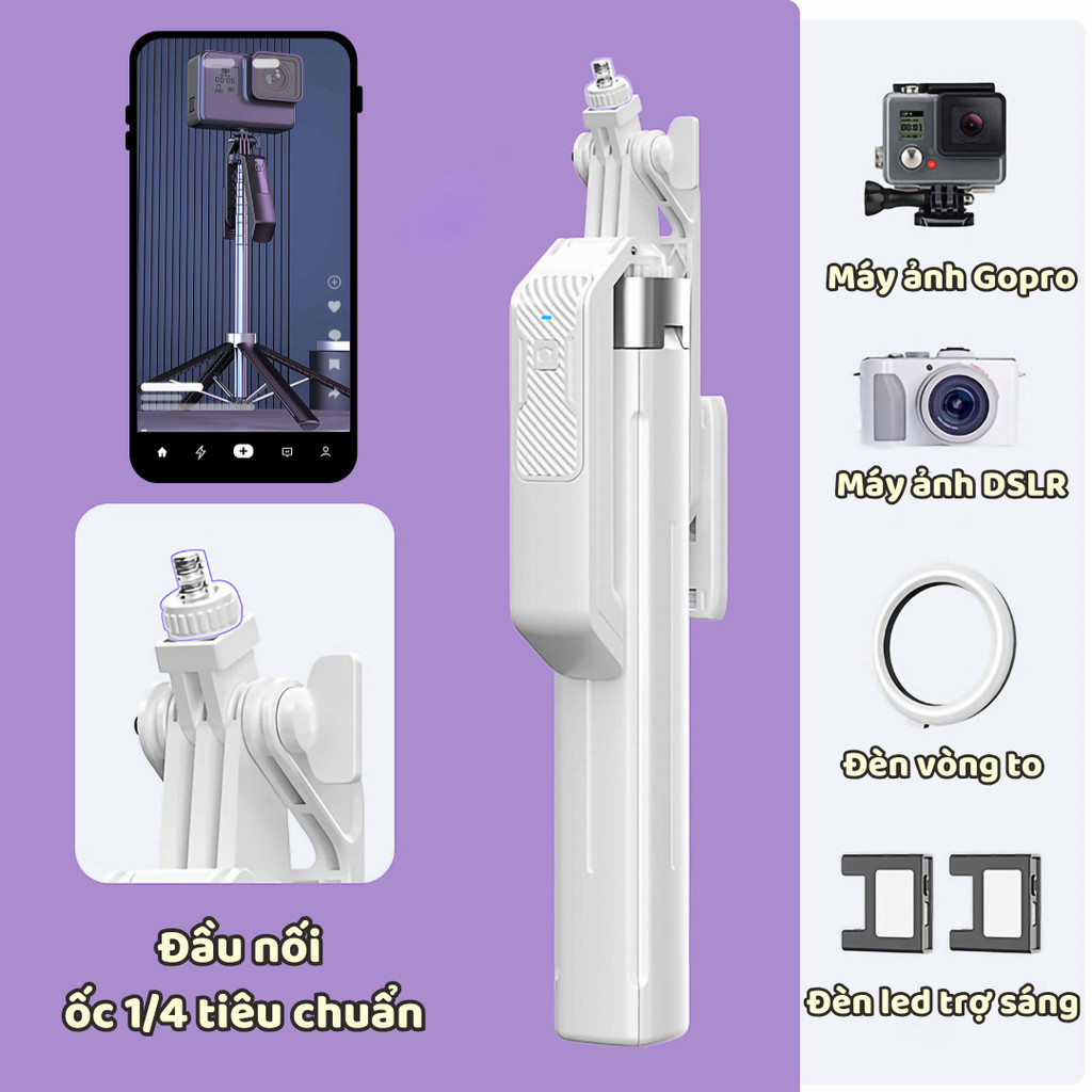 Gậy tự sướng bluetooth p18 mẫu mới nhất, gậy tự sướng siêu dài, dễ cất giữ, đèn có thể tháo rời