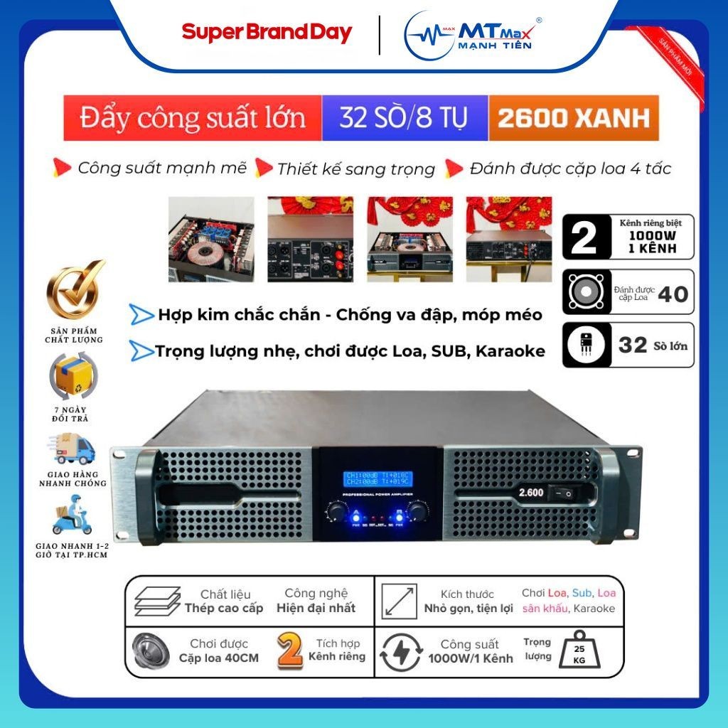 Đẩy công suất cho dàn loa karaoke - Đẩy MTMAX RCW 2600 , trang bị 32 sò , 8 tụ , 2 kênh , đánh được 