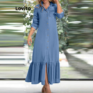 Đầm denim Lovito xếp nếp màu trơn phối nút thời trang thường ngày cho nữ LNL67381