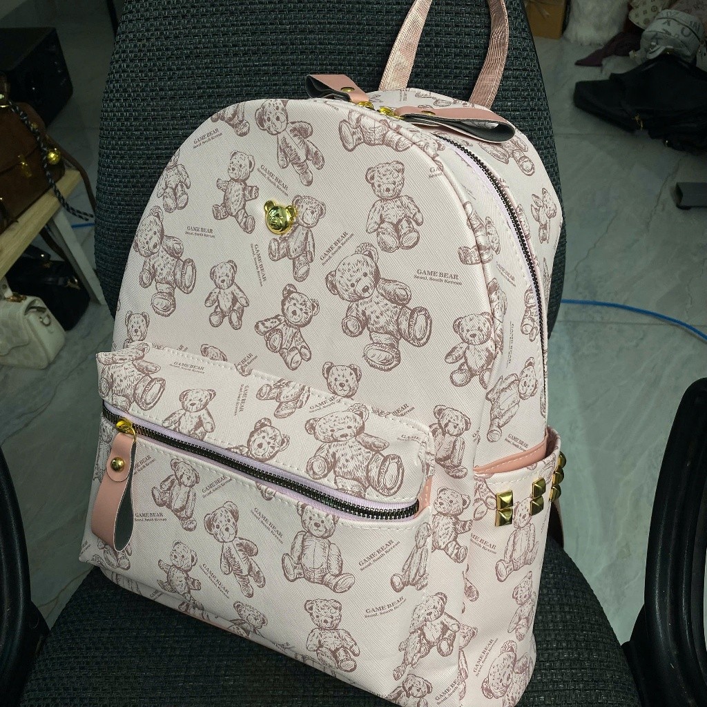 Balo da đi học, ba lô đi chơi họa tiết gấu size 37cm,quai bản to K673