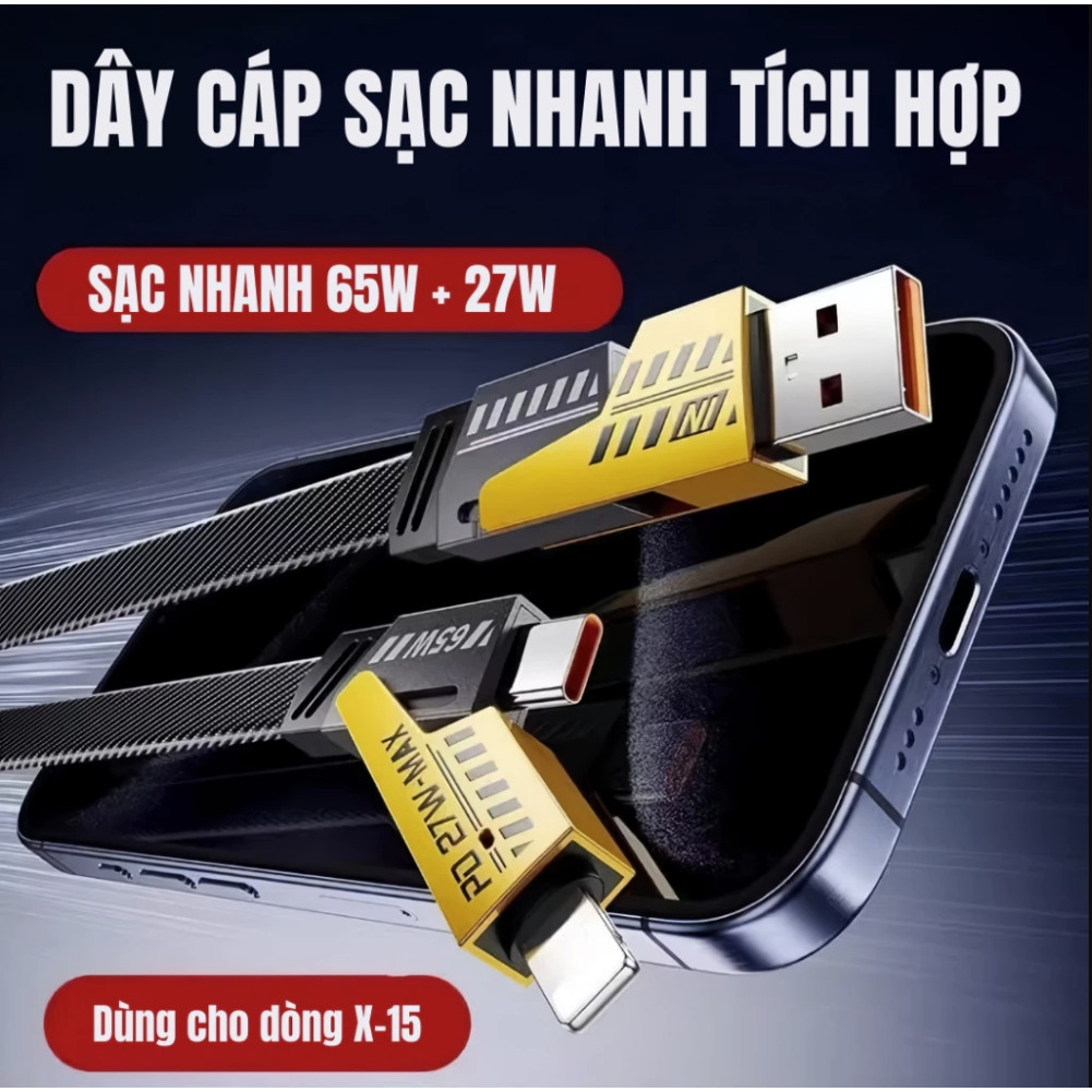 Dây Cáp Sạc Nhanh Đa Năng 4 IN 1 65W Cao Cấp 1.2M, Dây Dù Chống Đứt - Cho USB-Type C, Type C-Type C, Type C- LT USB-LT | BigBuy360 - bigbuy360.vn