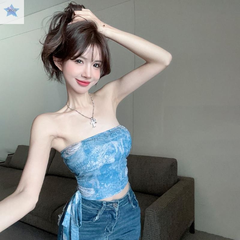 GJCUTE Retro summer printed tube top nữ gợi cảm buộc dây mỏng camisole