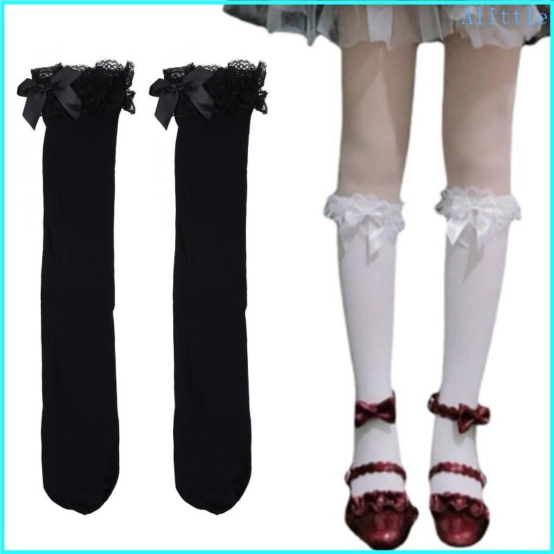 Alia Nữ Gothic Ren Ruffle Đầu Gối Tất Nơ Màu Trơn Vớ