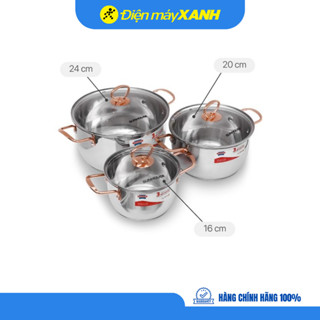 Bộ 3 nồi inox 3 đáy nắp kính Sunhouse SHG306