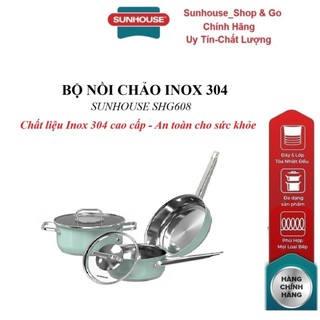  BỘ NỒI CHẢO INOX 304 SUNHOUSE SHG608 Chất liệu Inox 304 cao cấp Đáy dày 3 lớp - Tỏa nhiệt đều giữ nhiệt tốt 