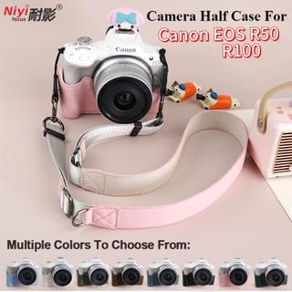  Bao Da PU Đế Canon EOS R50 R100 Camera Bảo Vệ Nửa Thân Vỏ Bao Da Túi Phụ Kiện R100 