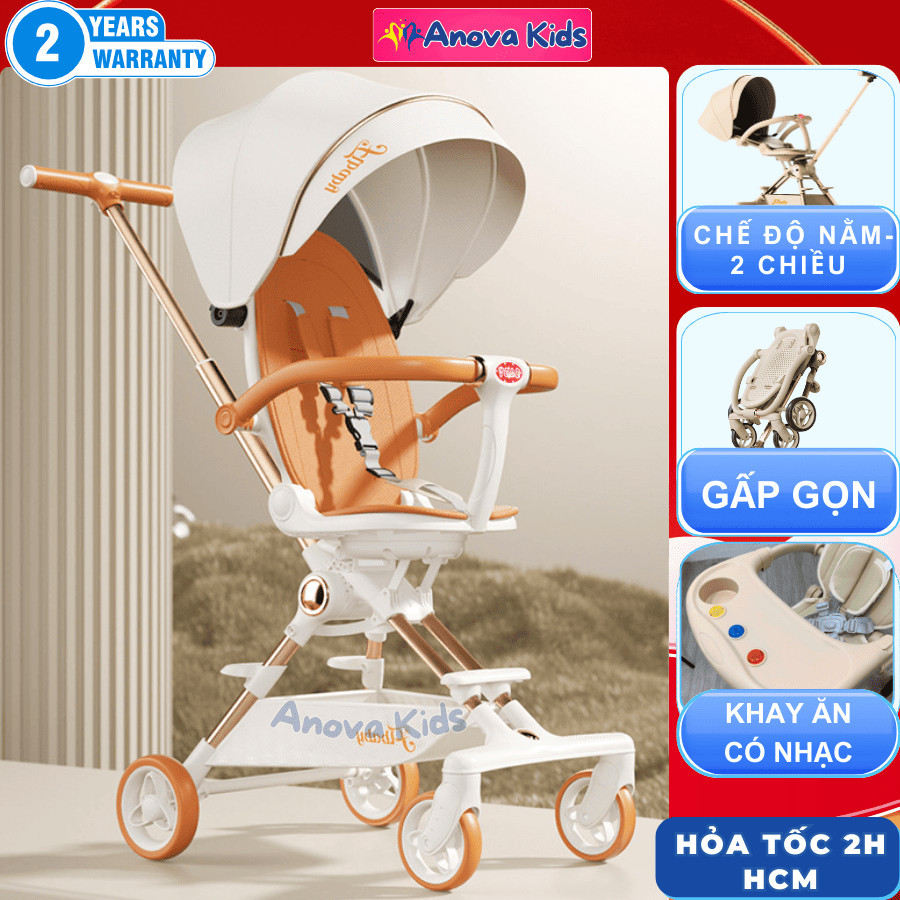 Xe đẩy cho bé MẪU MỚI 2025, GẤP SIÊU GỌN, khay ăn có nhạc, đẩy 2 chiều 3 tư thế, bảo hành 1 năm, ANO