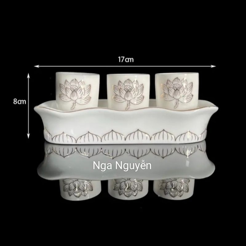 Bộ chung 3 ly, 5 ly bạch ngọc hoa sen cao cấp/Bộ áng đựng nước thờ cúng sen trắng không nắp
