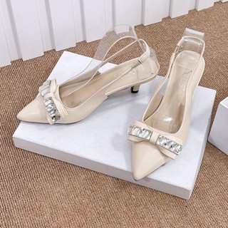 Guốc, Dép DARIUS - H302 [Hàng fullbox]  bít mũi có đính nơ hở gót mũi nhọn gót cao 3 phân chất da mờ cực êm