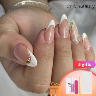 Màu trắng cổ điển đơn giản vàng lấp lánh móng tay giả
