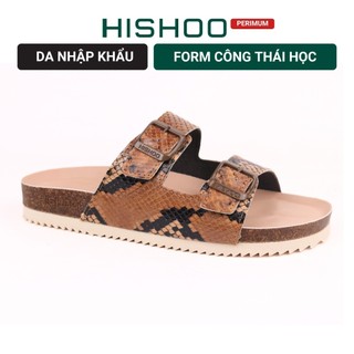 Dép đế trấu birken nam nữ unisex quai ngang 2 khoá Nâu Vân Rắn premium công sở bigsize chính hãng Hishoo VNXK B093