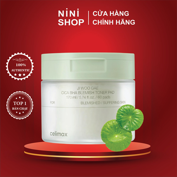 Toner Pad Se Khít Lỗ Chân Lông Giảm Mụn CELIMAX Ji Woo Gae Cica BHA Blemish Toner Pad 60 Miếng - nin