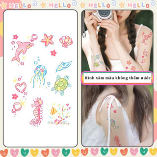 Hình xăm cá heo hồng cá ngựa rùa sao biển cô gái đại dương dễ thương dán chống thấm nước xương đòn cánh tay lâu trôi