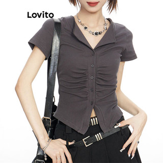 Áo thun Lovito vải xếp nếp màu trơn phong cách thường ngày cho nữ LNA66474