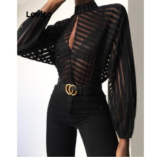 Áo sơ mi Lovito họa tiết sọc ngang phong cách sexy cho nữ LNL67341